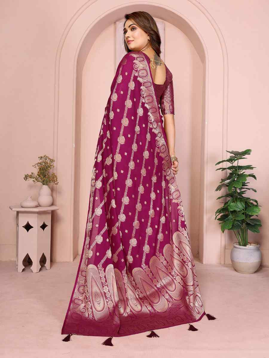 Wine Soft Georgette Silk Handwoven Festival Wedding Fancy Heavy Border Saree