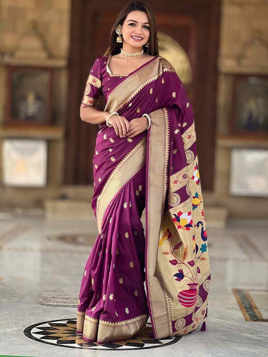 Wine Soft Pathani Silk Handwoven Festival Wedding Fancy Heavy Border Saree