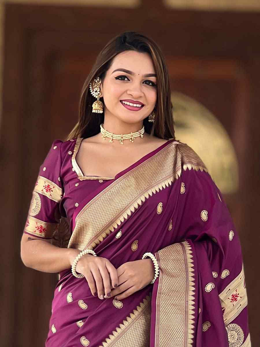 Wine Soft Pathani Silk Handwoven Festival Wedding Fancy Heavy Border Saree