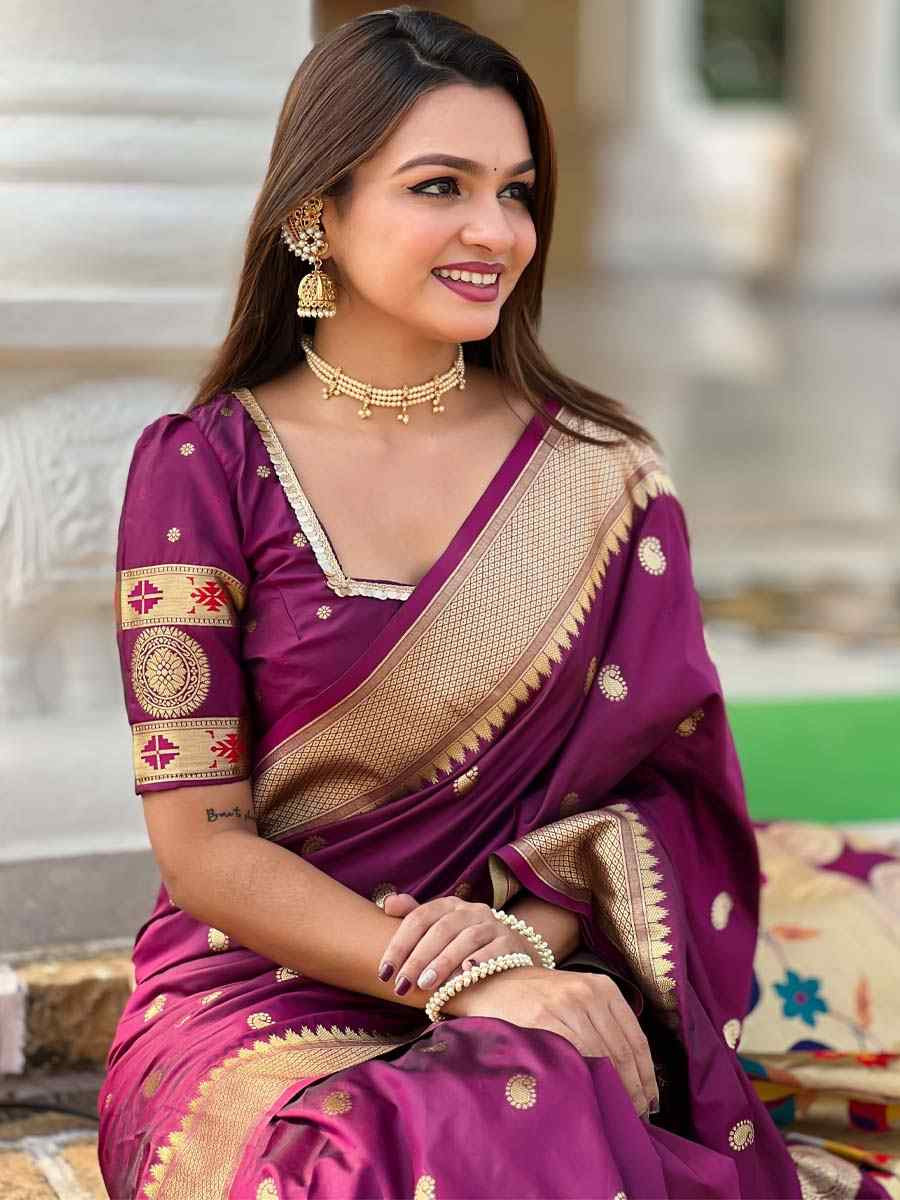 Wine Soft Pathani Silk Handwoven Festival Wedding Fancy Heavy Border Saree