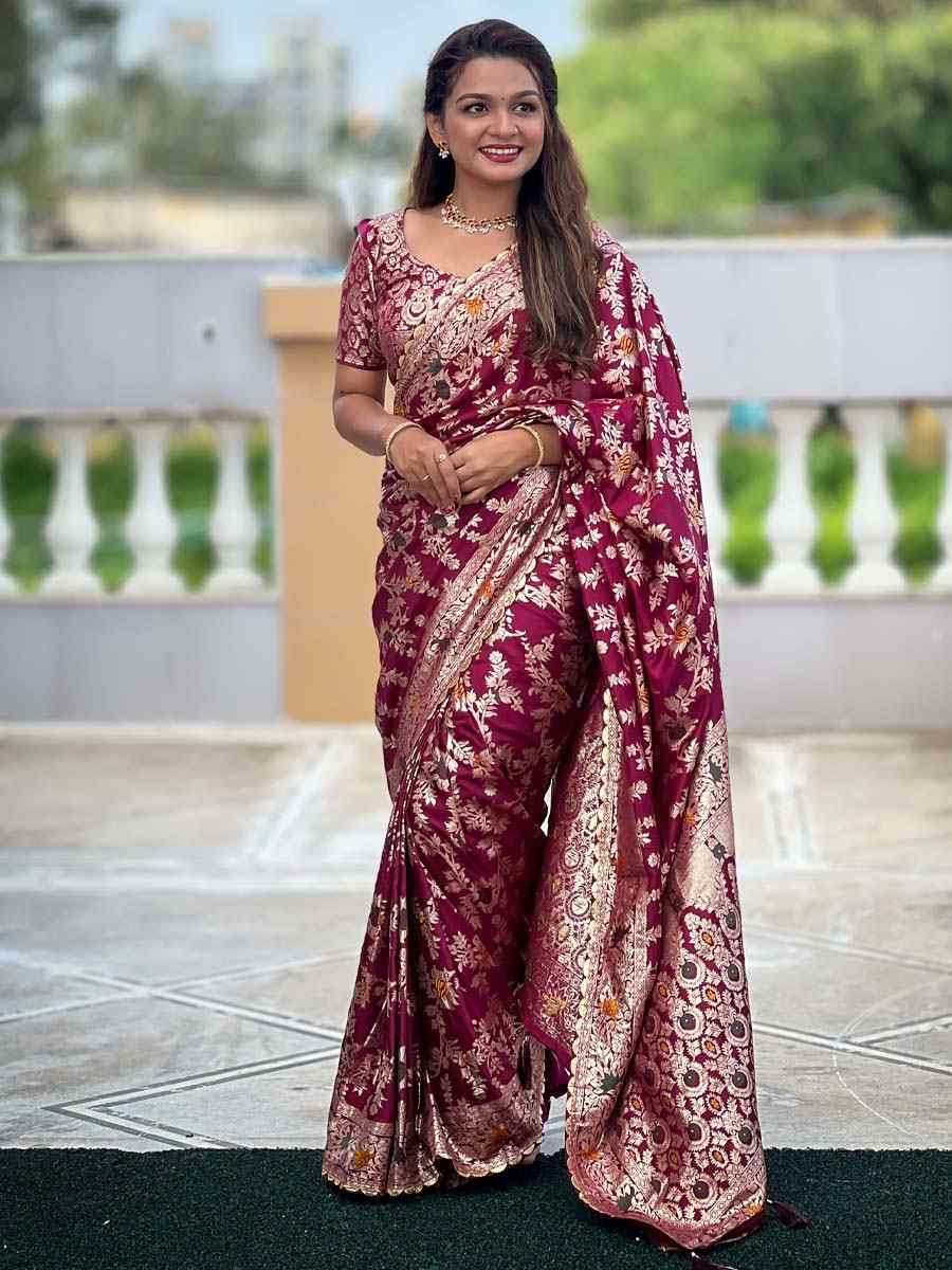 Wine Soft Pathani Silk Handwoven Festival Wedding Fancy Heavy Border Saree