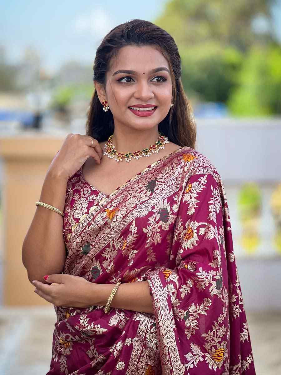 Wine Soft Pathani Silk Handwoven Festival Wedding Fancy Heavy Border Saree