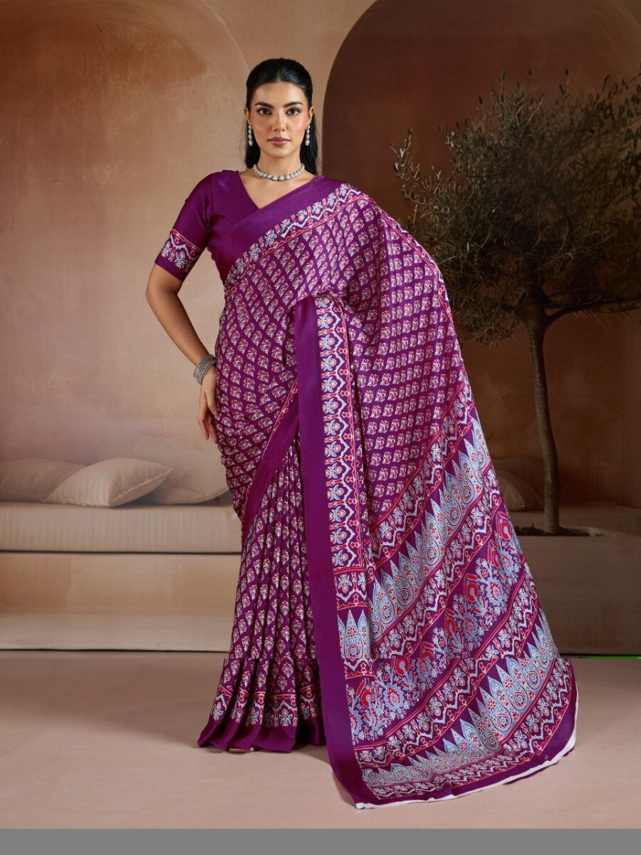 Wine Soft Satin Georgette Printed Wedding Reception Party Festival Casual Heavy Border Sarees