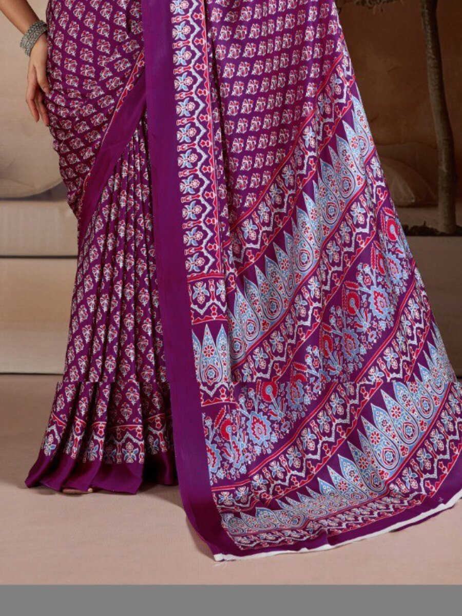 Wine Soft Satin Georgette Printed Wedding Reception Party Festival Casual Heavy Border Sarees
