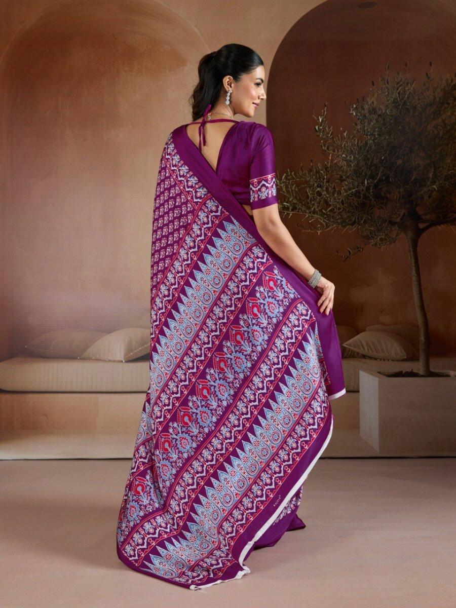 Wine Soft Satin Georgette Printed Wedding Reception Party Festival Casual Heavy Border Sarees