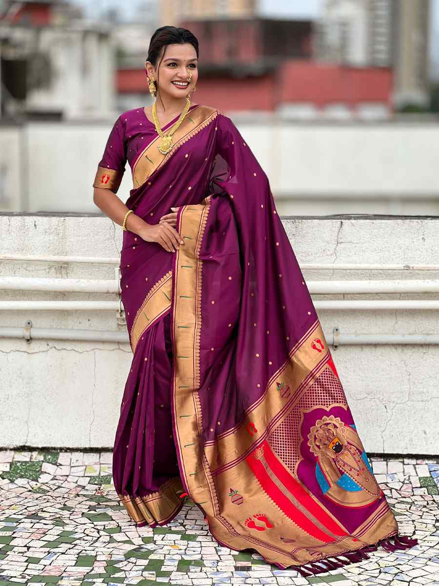 Wine Soft Silk Handwoven Casual Reception Festival Wedding Fancy Classic Style Sarees