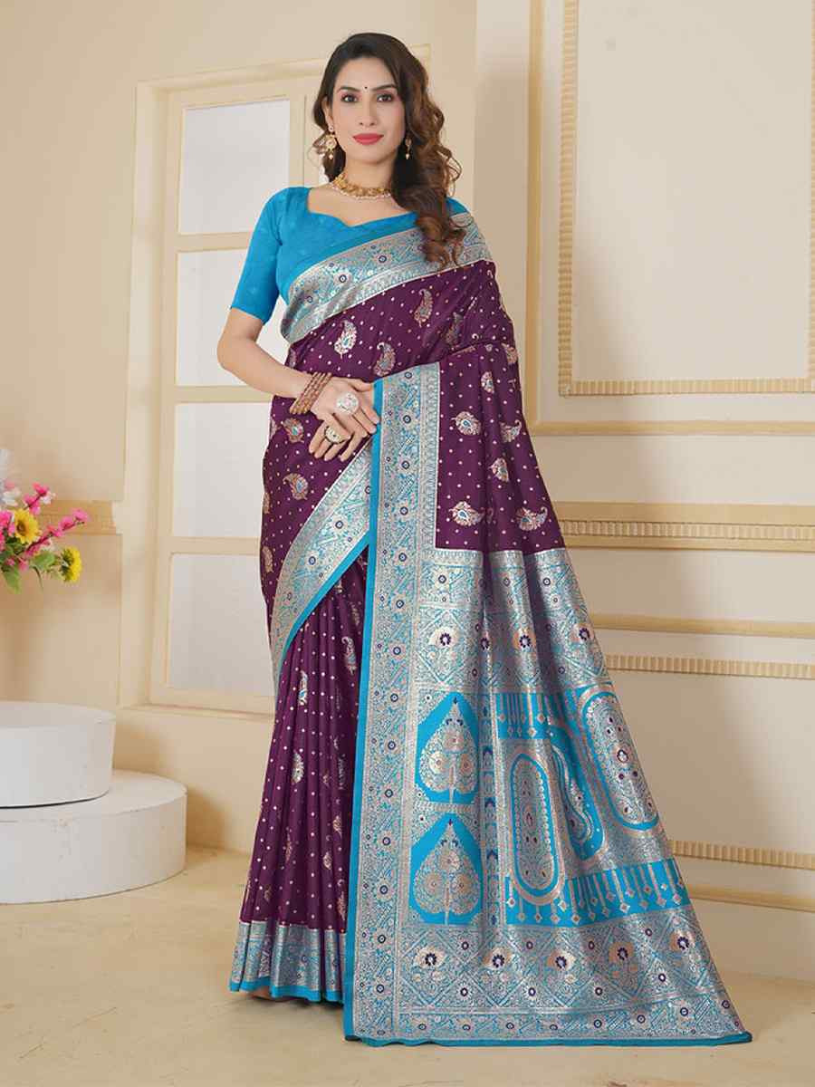 Wine Soft Silk Handwoven Festival Wedding Fancy Heavy Border Saree