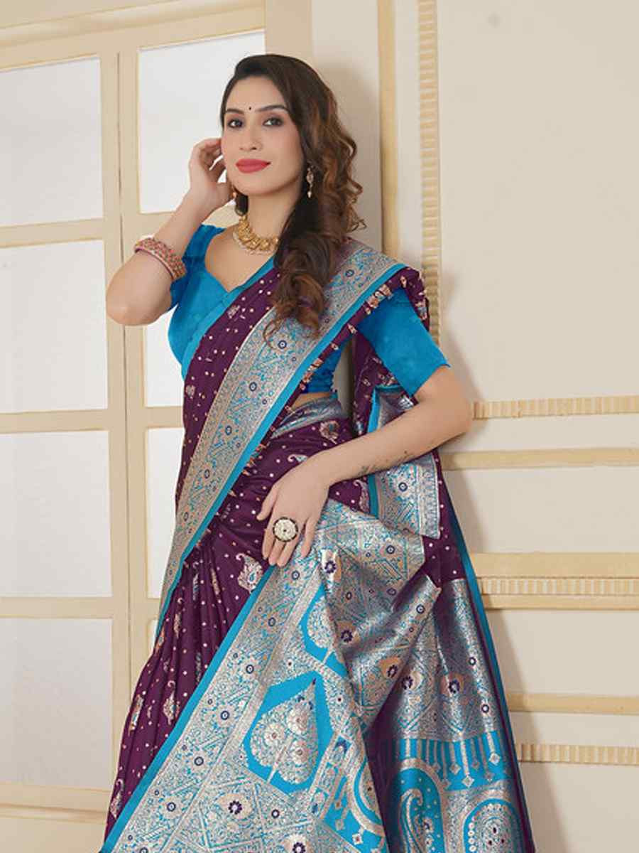 Wine Soft Silk Handwoven Festival Wedding Fancy Heavy Border Saree