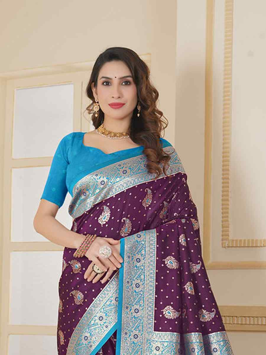 Wine Soft Silk Handwoven Festival Wedding Fancy Heavy Border Saree