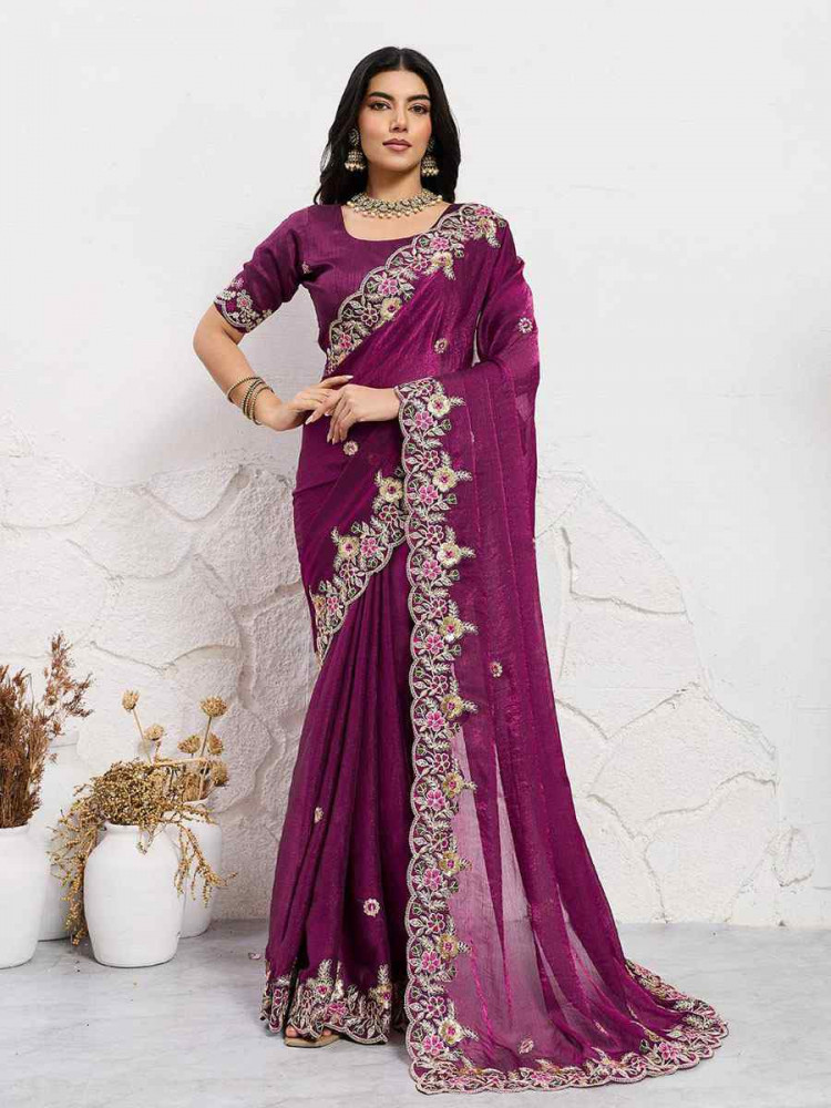 Image of Wine Soft Space Silk Embroidery Bridal Reception Festival Wedding Fancy Heavy Border Sarees