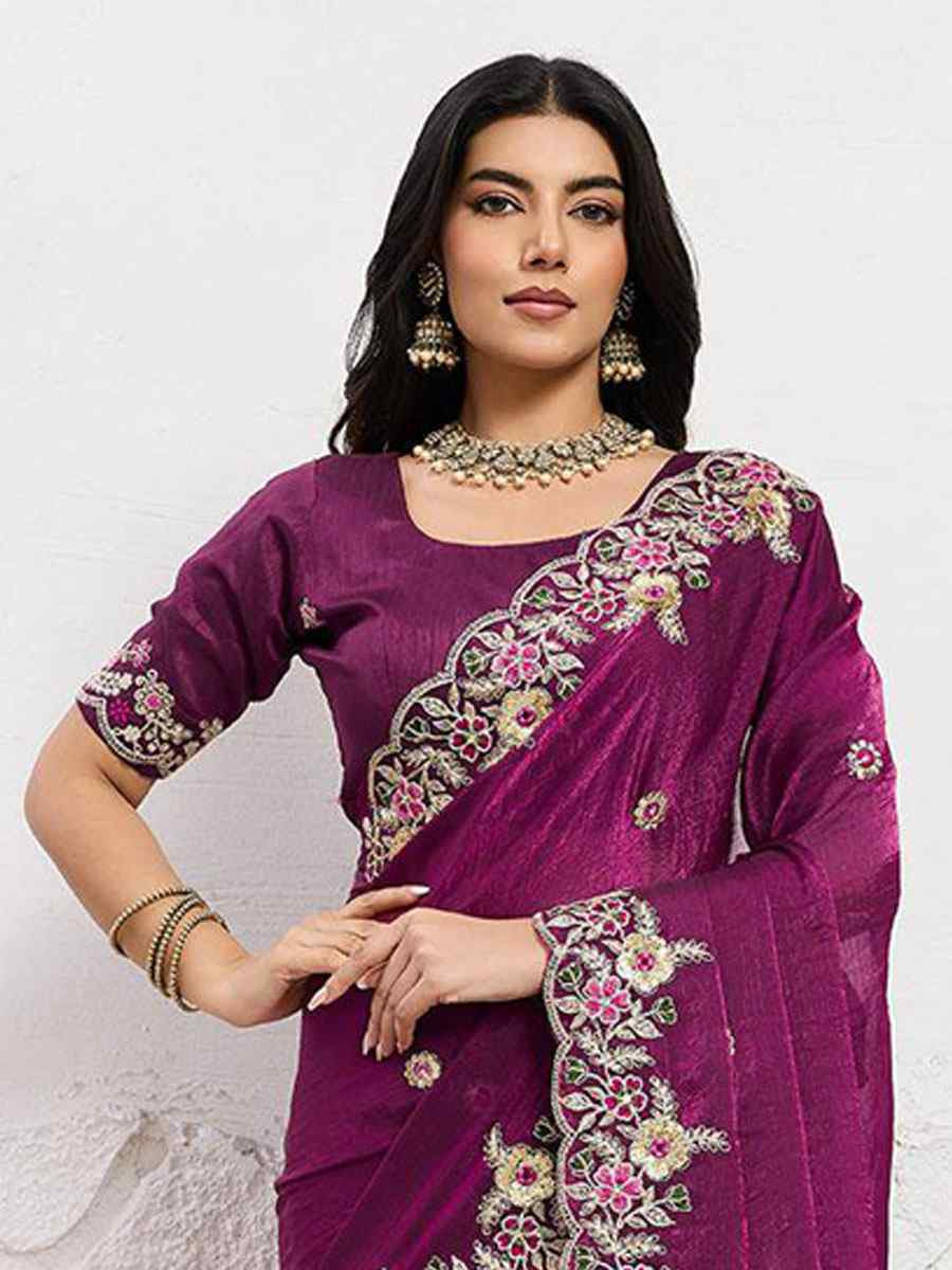 Wine Soft Space Silk Embroidery Bridal Reception Festival Wedding Fancy Heavy Border Sarees