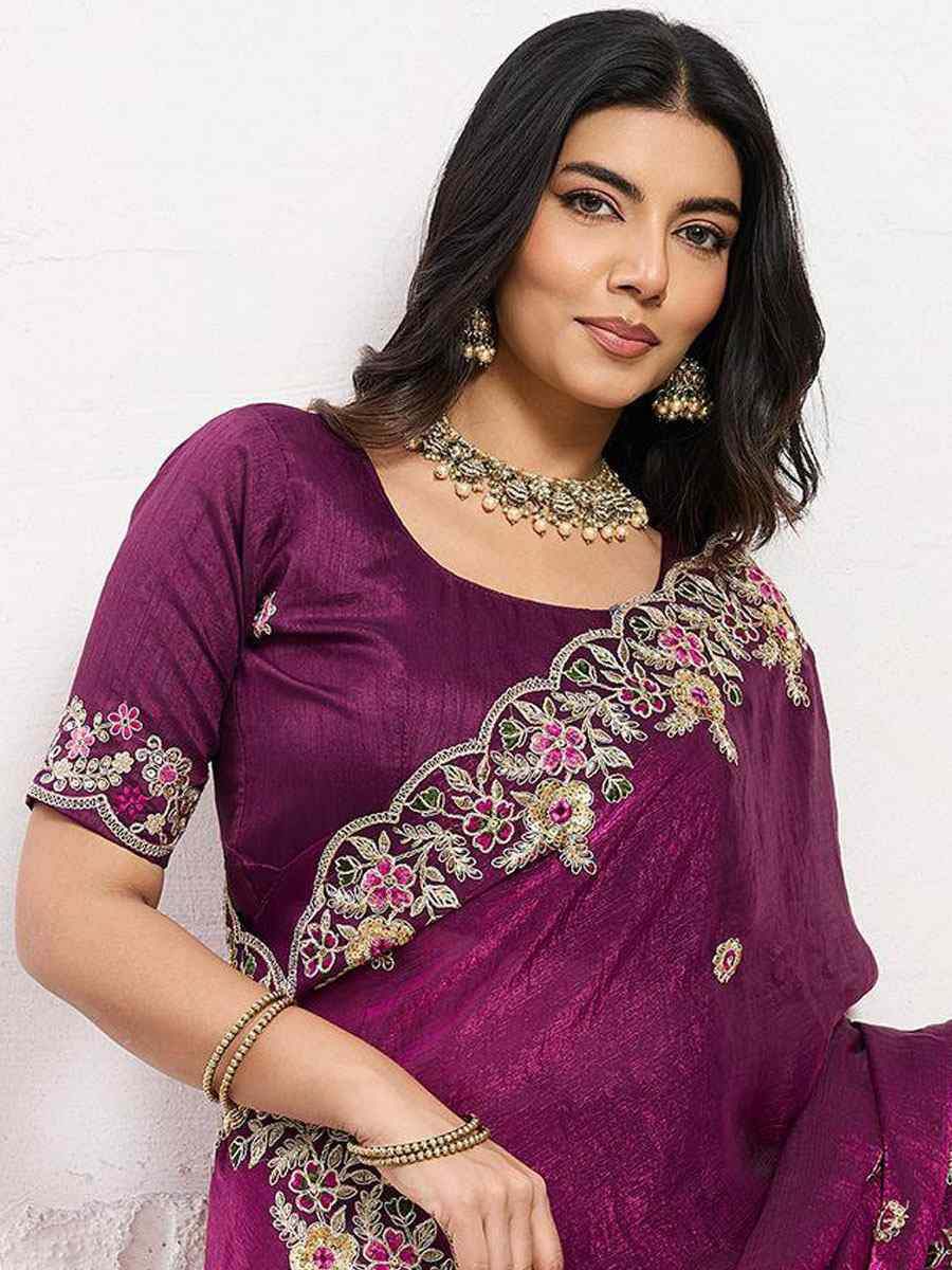 Wine Soft Space Silk Embroidery Bridal Reception Festival Wedding Fancy Heavy Border Sarees