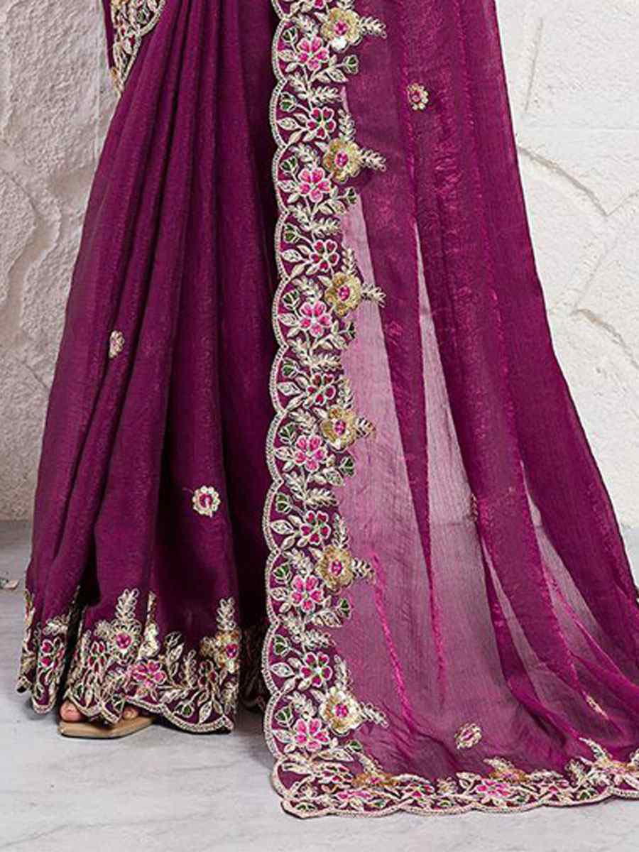 Wine Soft Space Silk Embroidery Bridal Reception Festival Wedding Fancy Heavy Border Sarees