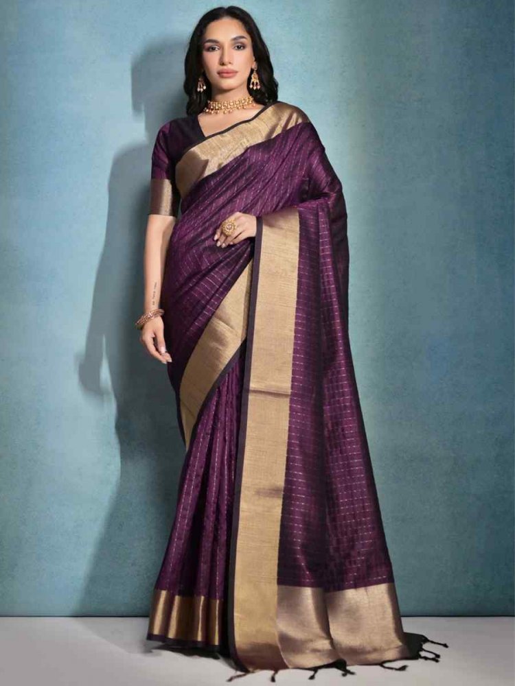 Wine Soft Tussar Silk Handwoven Casual Festival Classic Style Saree