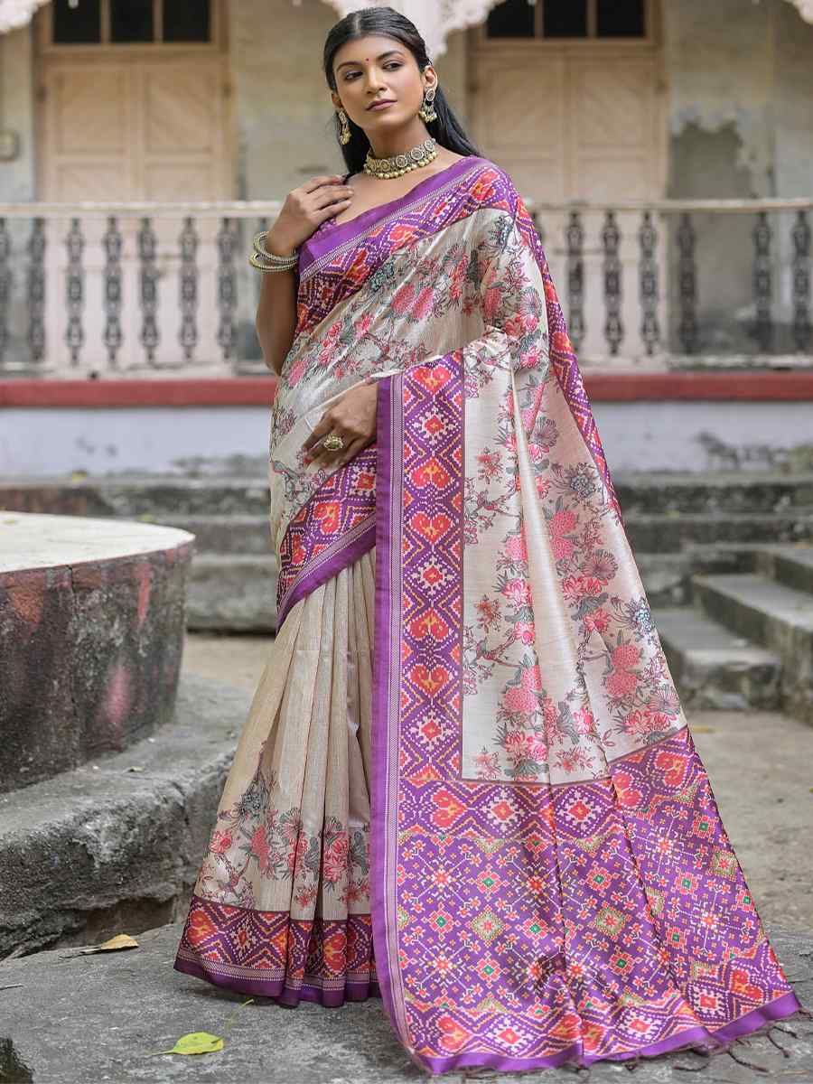 Wine Soft Tussar Silk Printed Casual Festival Contemporary Saree