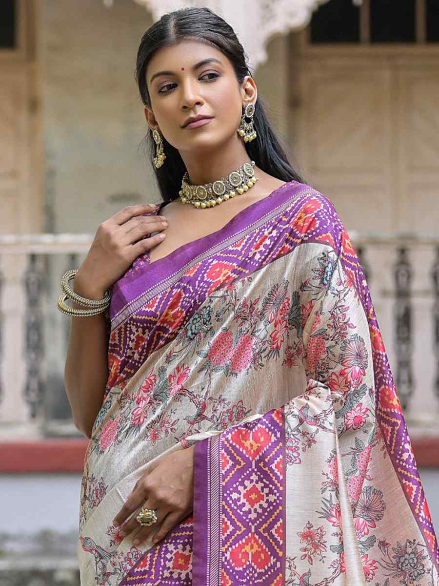 Wine Soft Tussar Silk Printed Casual Festival Contemporary Saree