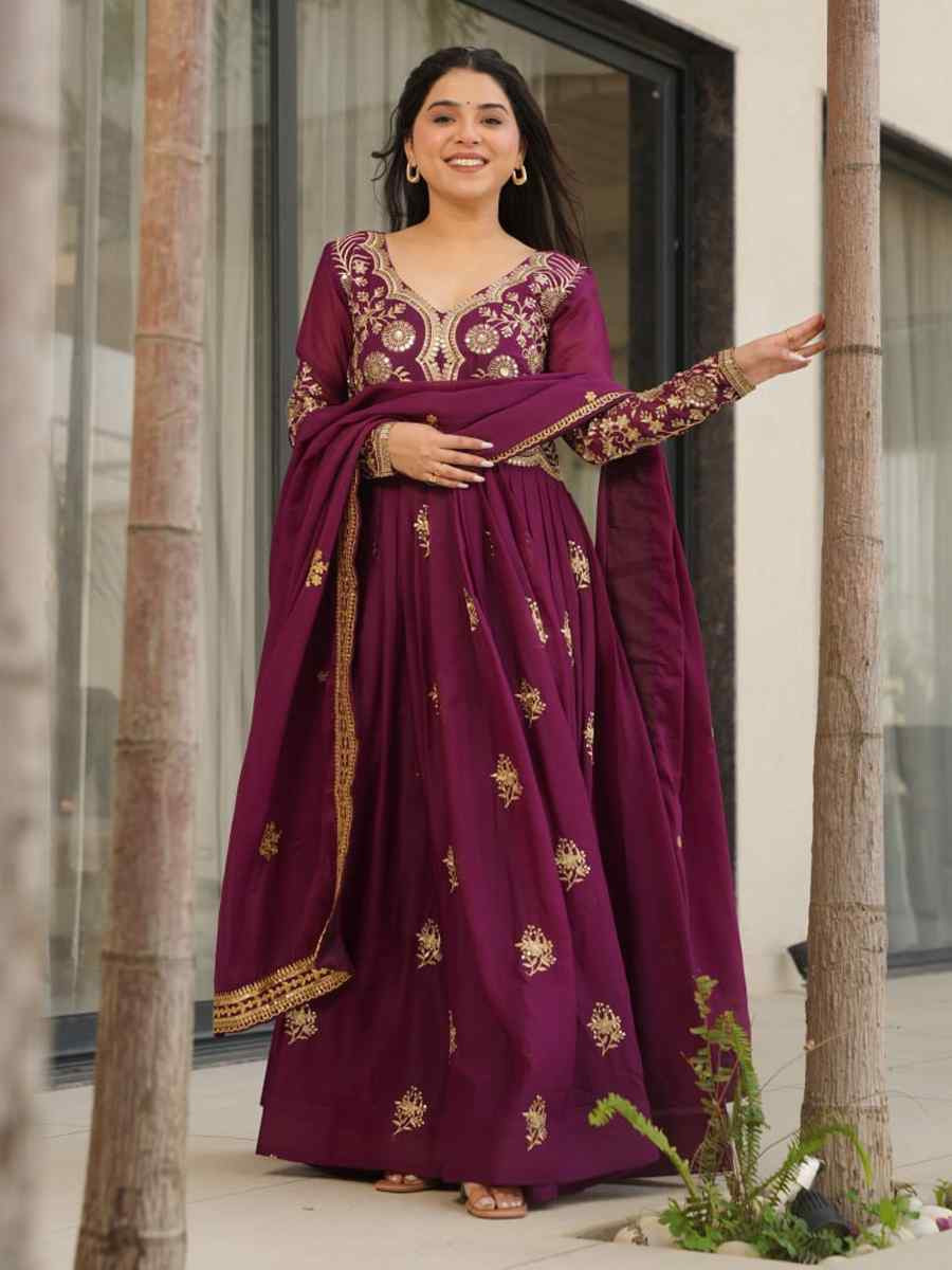 Wine Star Georgette Embroidered Festival Casual Gown