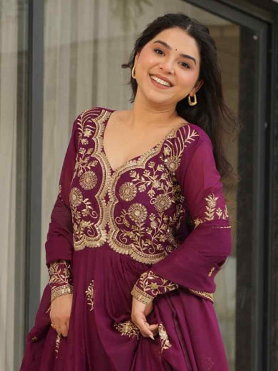 Wine Star Georgette Embroidered Festival Casual Gown