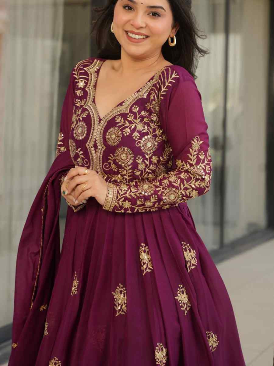 Wine Star Georgette Embroidered Festival Casual Gown