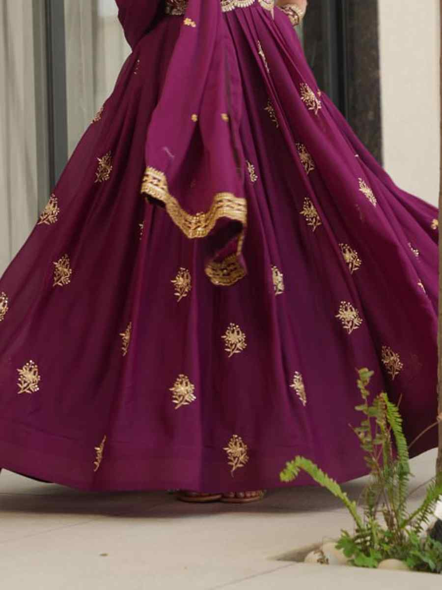 Wine Star Georgette Embroidered Festival Casual Gown