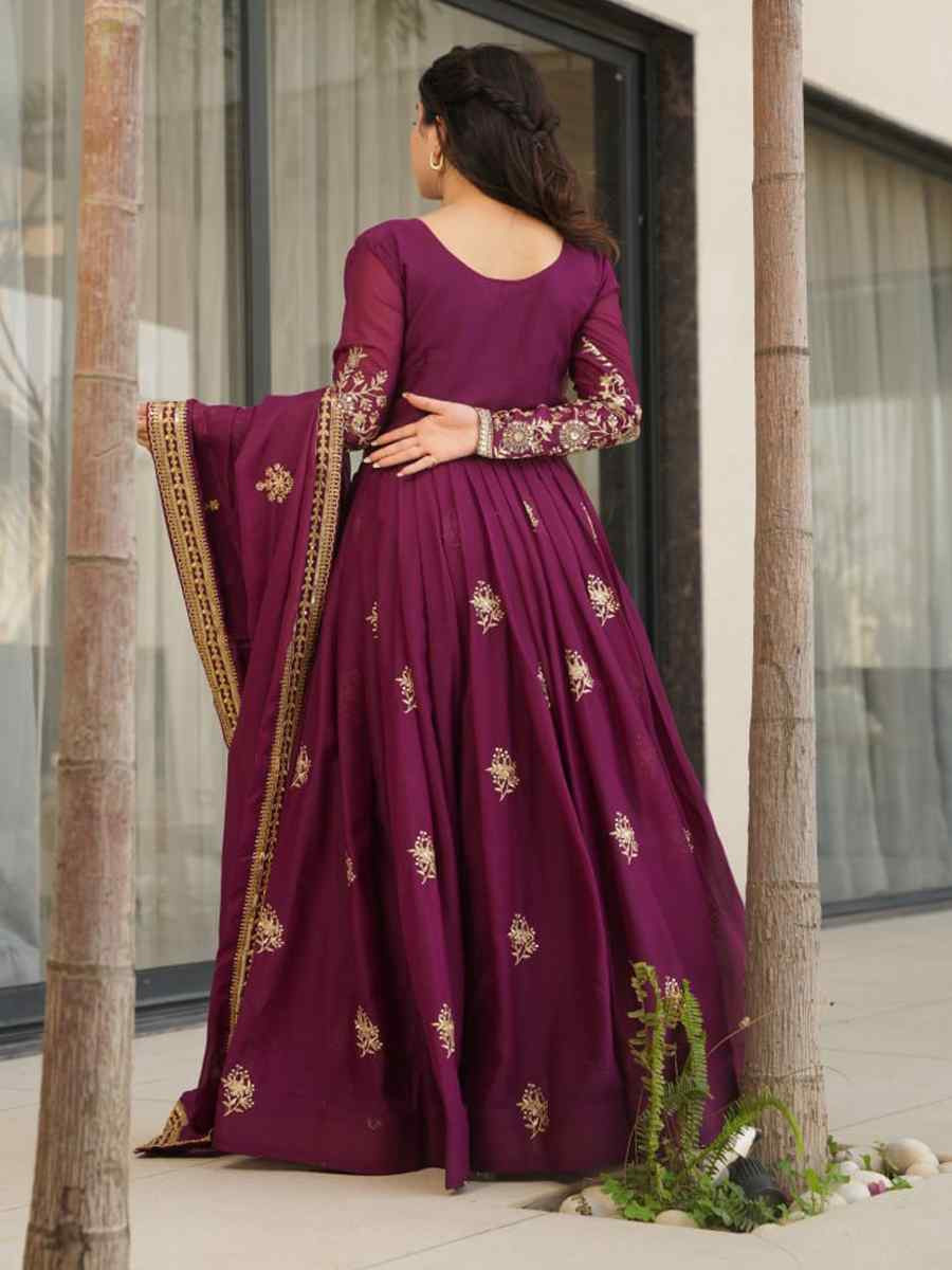 Wine Star Georgette Embroidered Festival Casual Gown