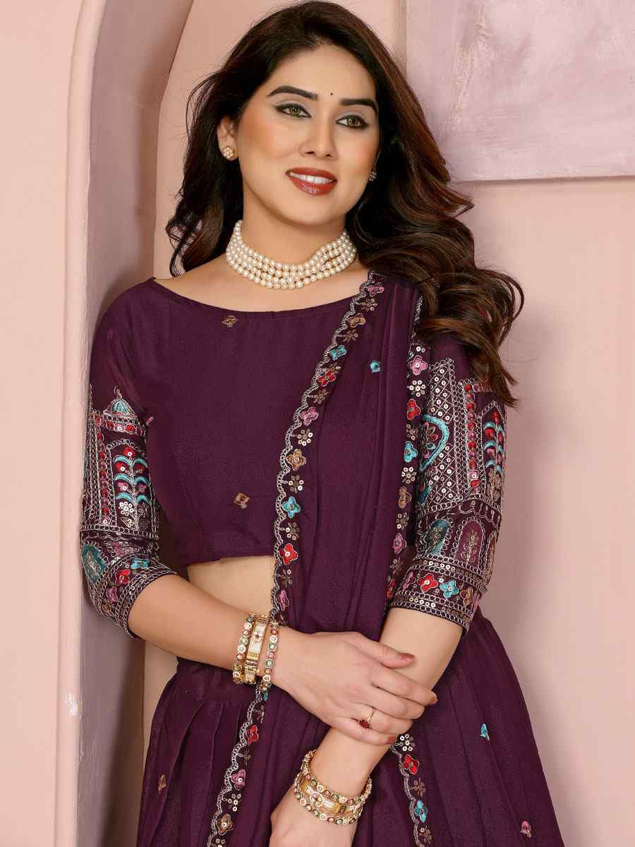 Wine Star Georgette Embroidered Festival Wedding Party Reception Heavy Border Lehenga Choli