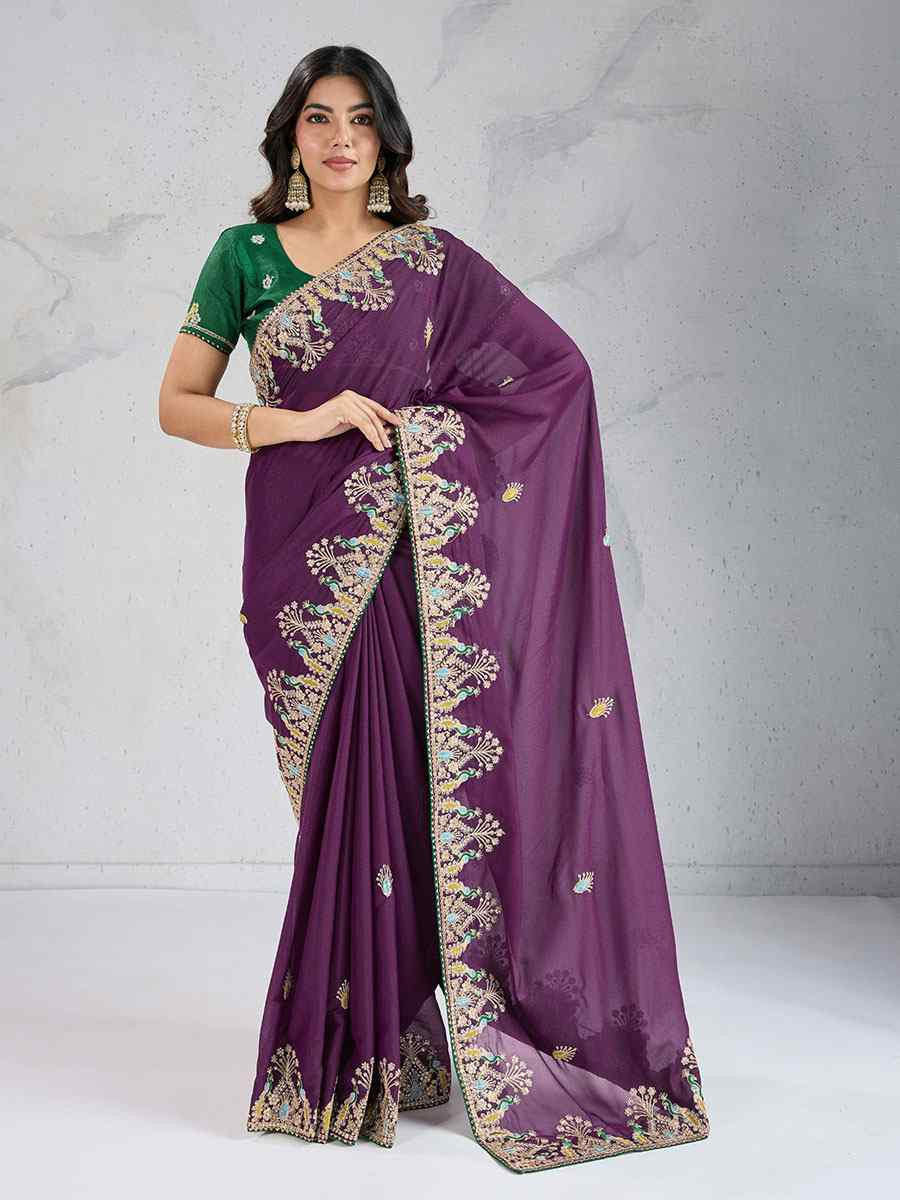Wine Star Georgette Silk Embroidery Traditional Bridal Reception Festival Wedding Fancy Heavy Border Saree