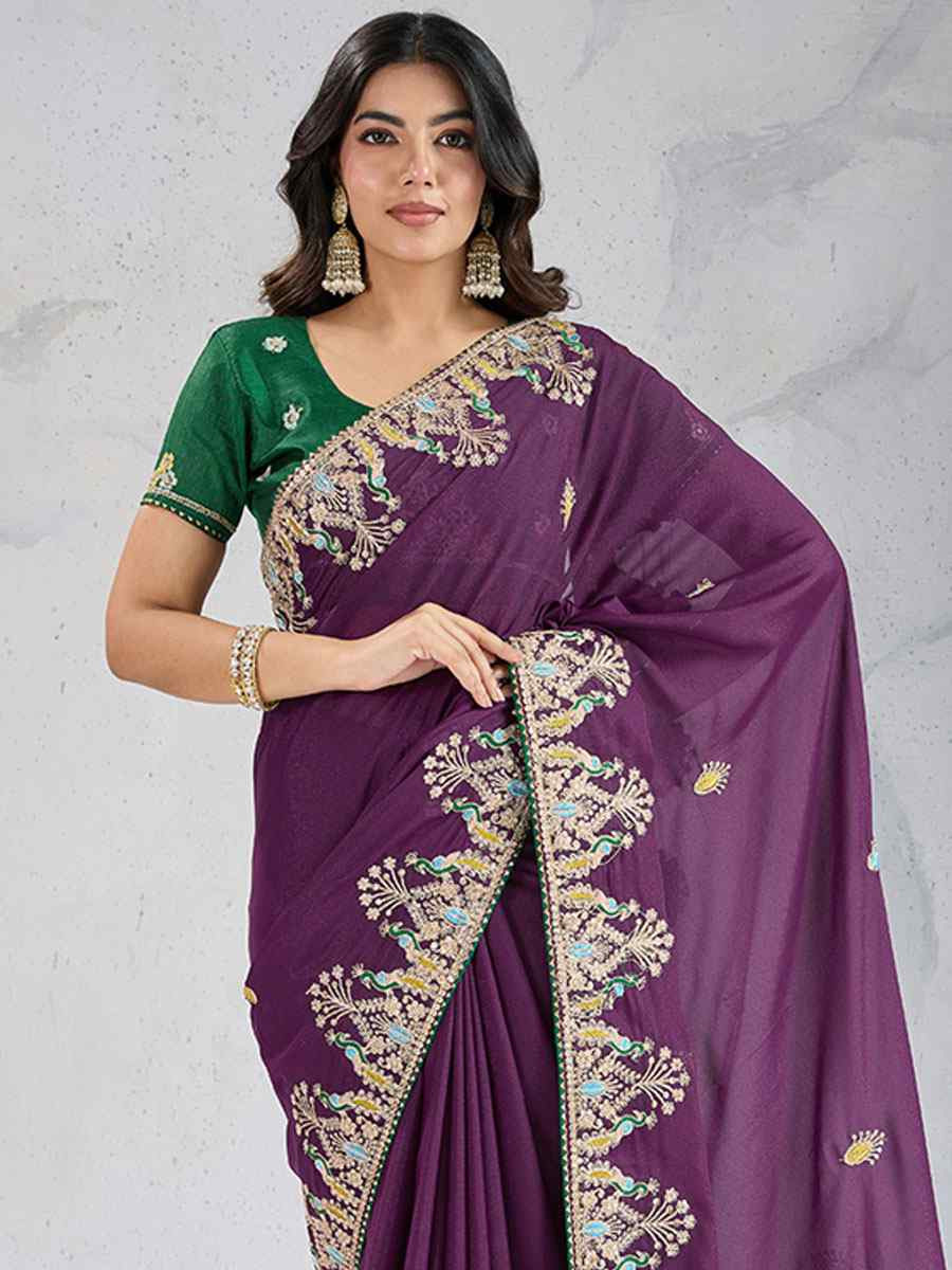 Wine Star Georgette Silk Embroidery Traditional Bridal Reception Festival Wedding Fancy Heavy Border Saree