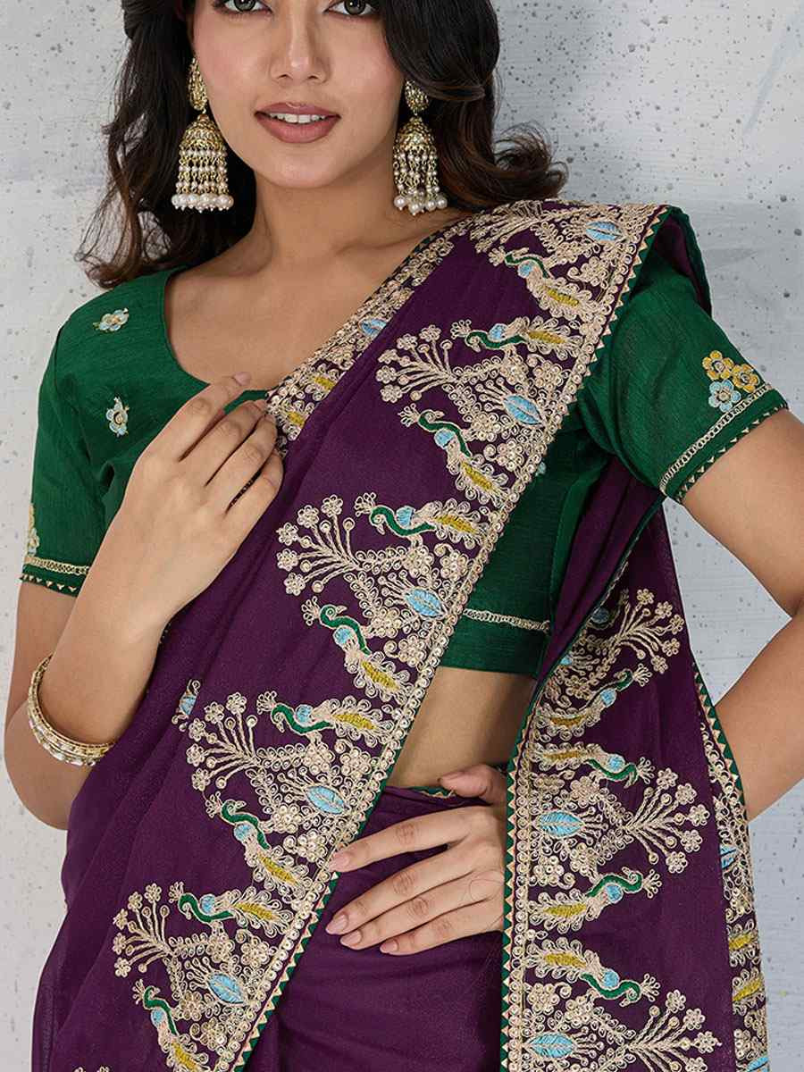 Wine Star Georgette Silk Embroidery Traditional Bridal Reception Festival Wedding Fancy Heavy Border Saree