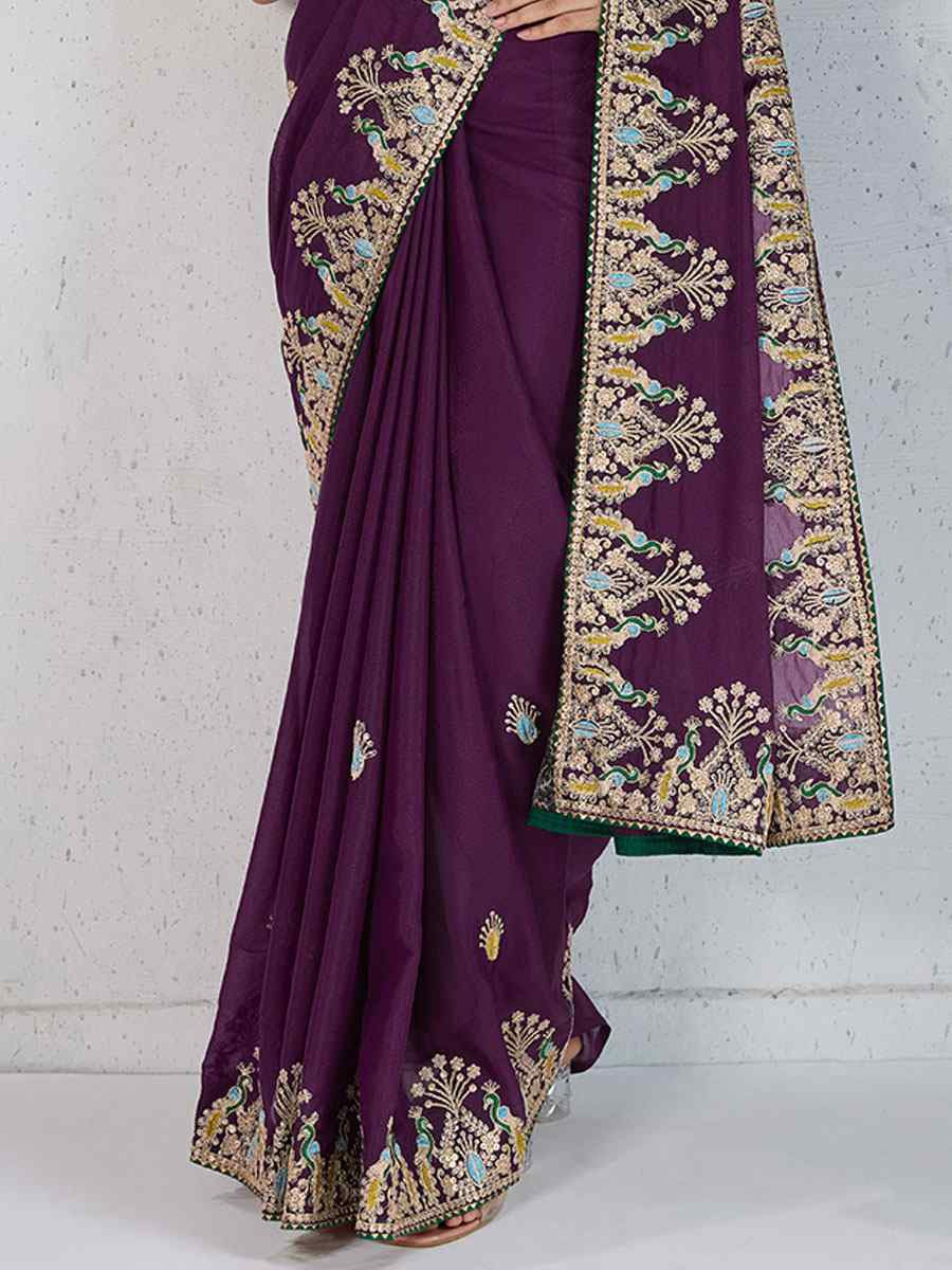 Wine Star Georgette Silk Embroidery Traditional Bridal Reception Festival Wedding Fancy Heavy Border Saree