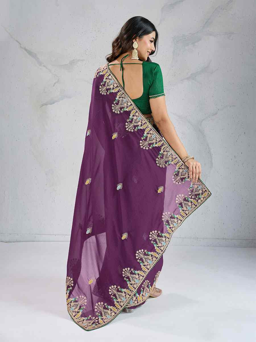 Wine Star Georgette Silk Embroidery Traditional Bridal Reception Festival Wedding Fancy Heavy Border Saree