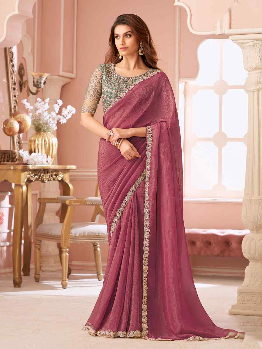 Wine Sunshine Georgette Embroidery Bridal Reception Festival Wedding Fancy Heavy Border Saree
