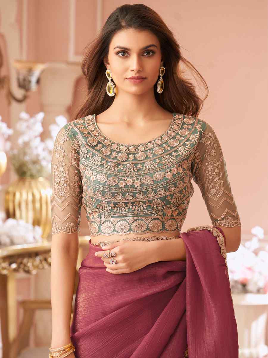 Wine Sunshine Georgette Embroidery Bridal Reception Festival Wedding Fancy Heavy Border Saree