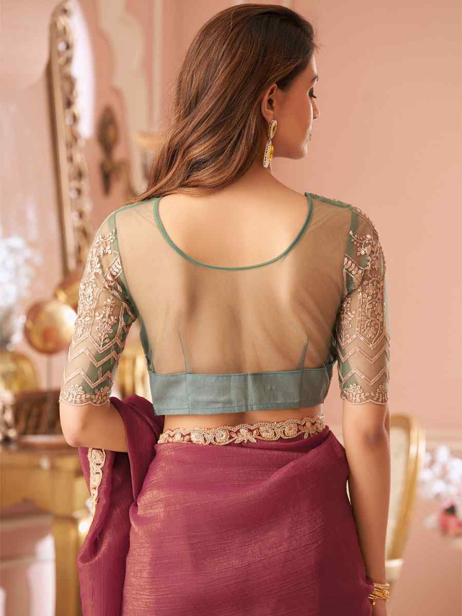 Wine Sunshine Georgette Embroidery Bridal Reception Festival Wedding Fancy Heavy Border Saree