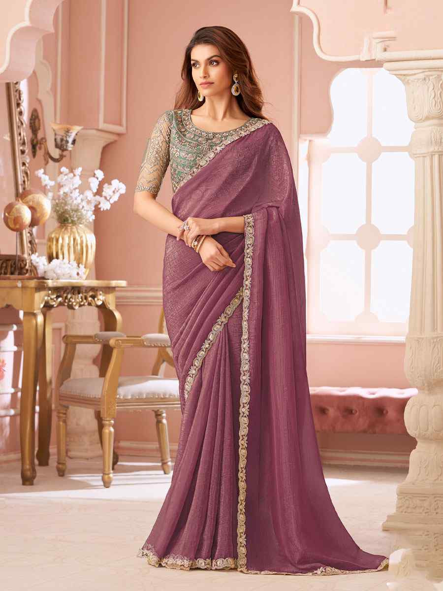 Wine Sunshine Georgette Embroidery Bridal Reception Festival Wedding Fancy Heavy Border Saree