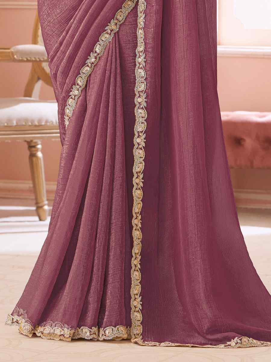 Wine Sunshine Georgette Embroidery Bridal Reception Festival Wedding Fancy Heavy Border Saree