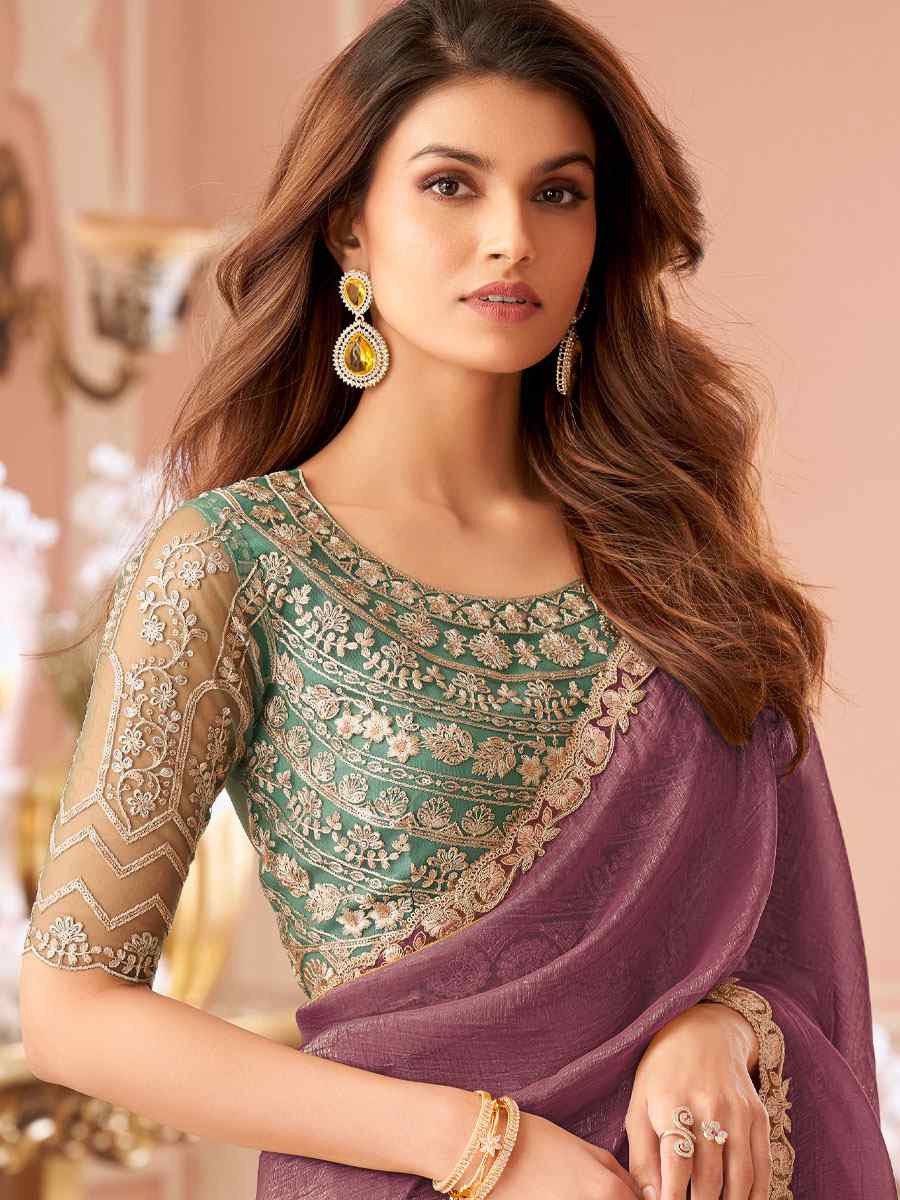 Wine Sunshine Georgette Embroidery Bridal Reception Festival Wedding Fancy Heavy Border Saree