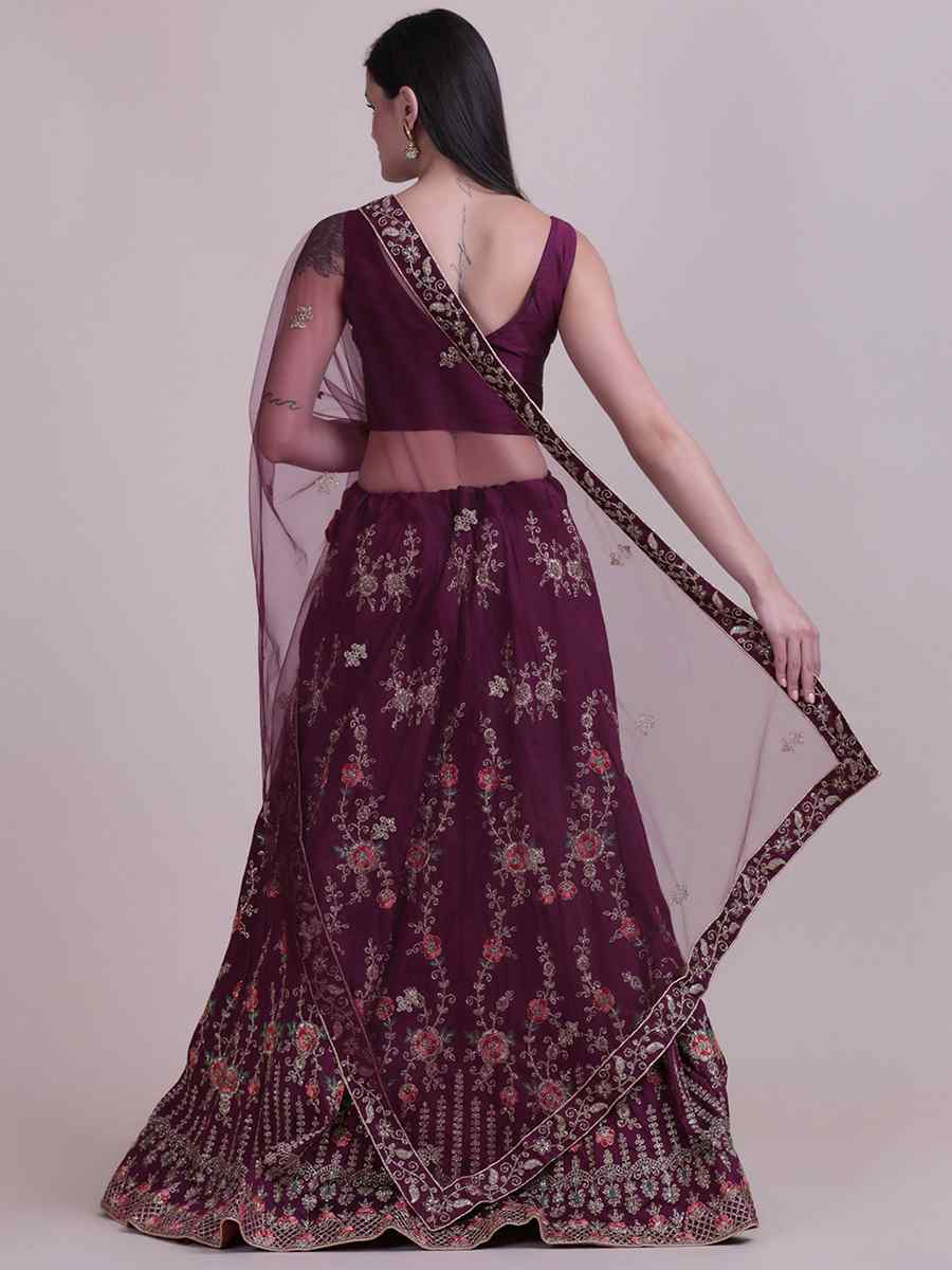 Wine Taffeta Silk Embroidered Festival Party Wear Circular Lehenga Choli