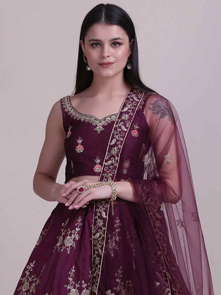 Wine Taffeta Silk Embroidered Festival Party Wear Circular Lehenga Choli