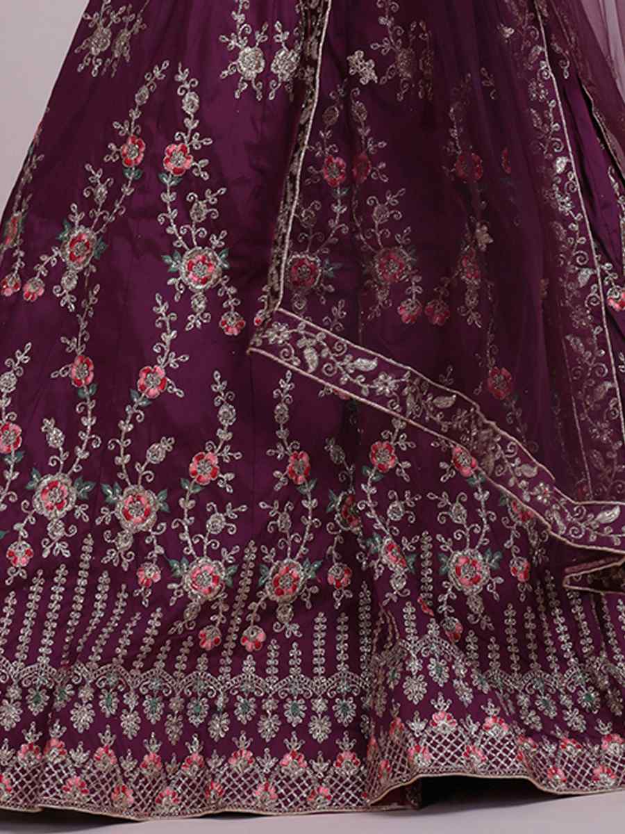 Wine Taffeta Silk Embroidered Festival Party Wear Circular Lehenga Choli