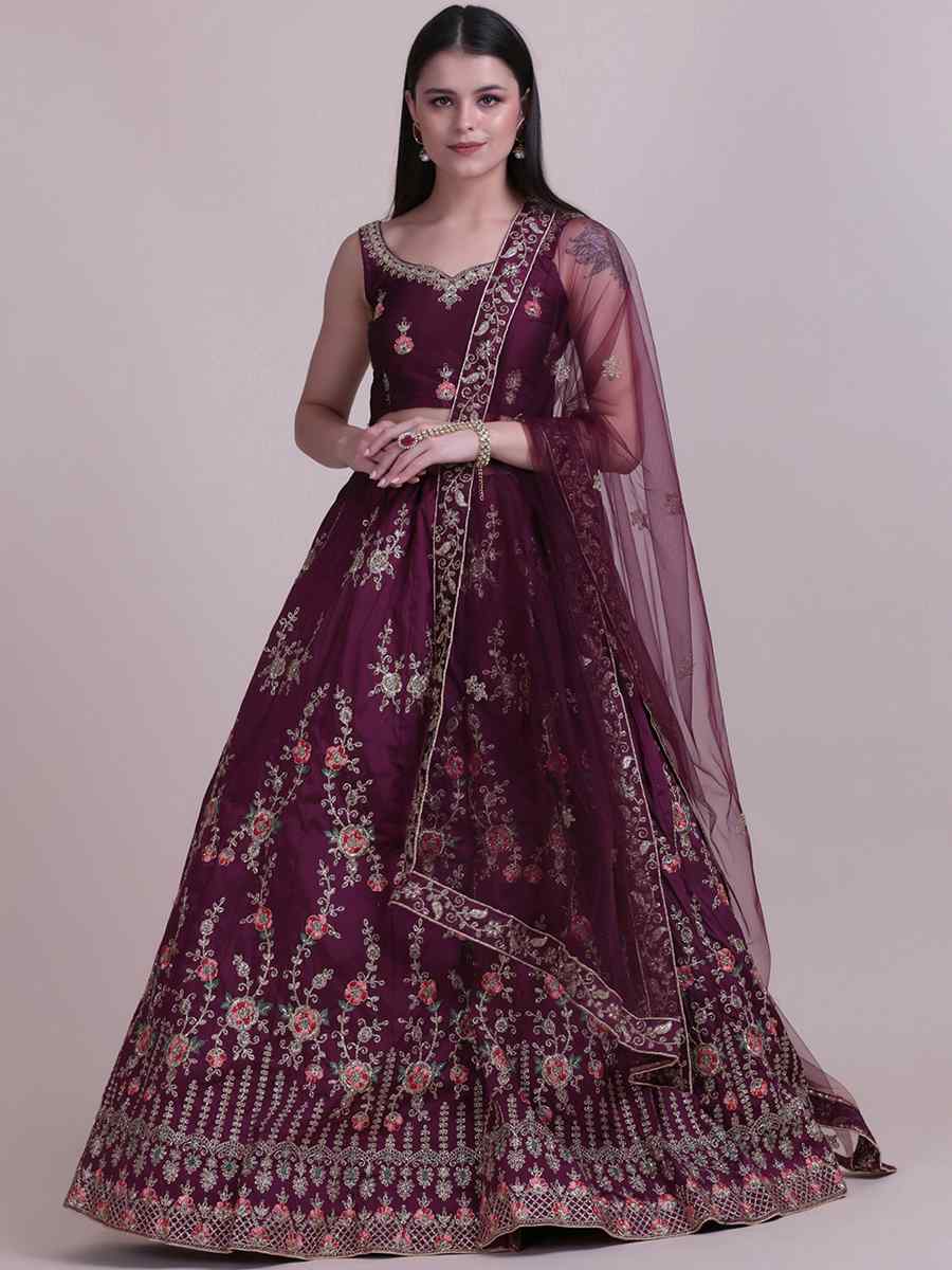 Wine Taffeta Silk Embroidered Festival Party Wear Circular Lehenga Choli