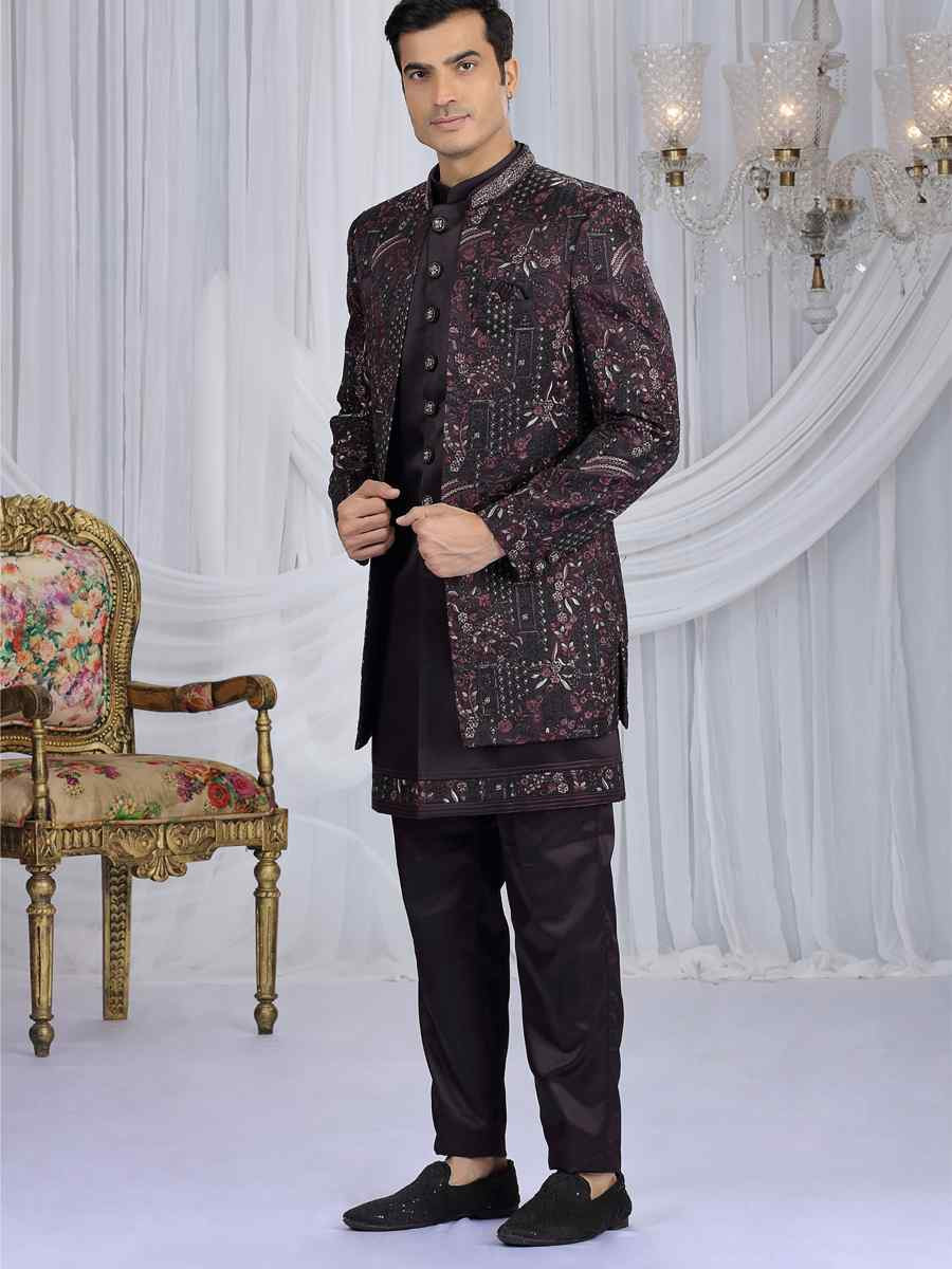 Wine Teal Green Art Silk Embroidered Festival Wedding Mens 3 PCS Indo Western Set