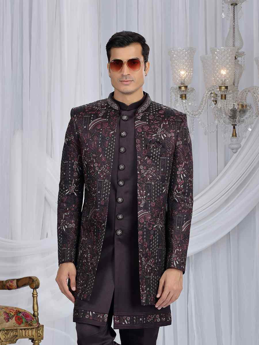 Wine Teal Green Art Silk Embroidered Festival Wedding Mens 3 PCS Indo Western Set