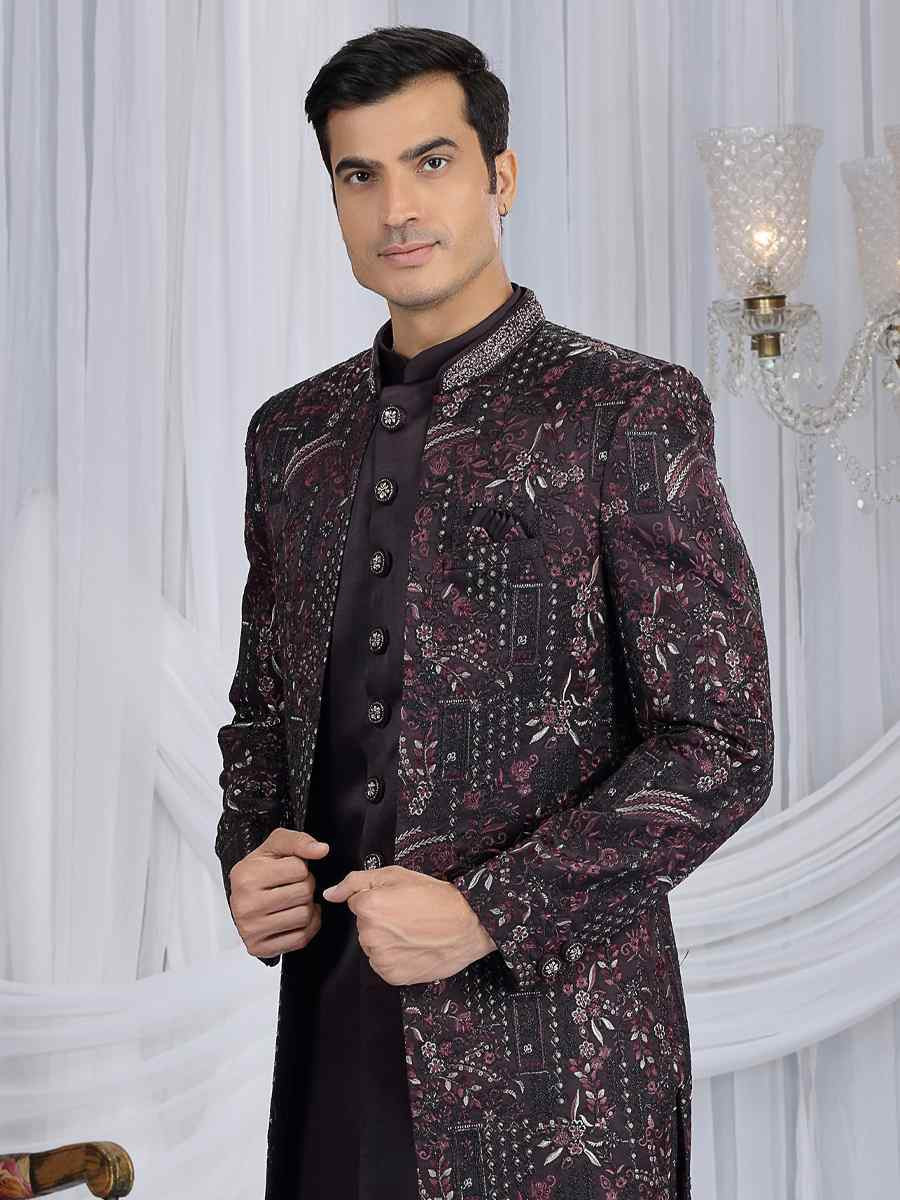 Wine Teal Green Art Silk Embroidered Festival Wedding Mens 3 PCS Indo Western Set