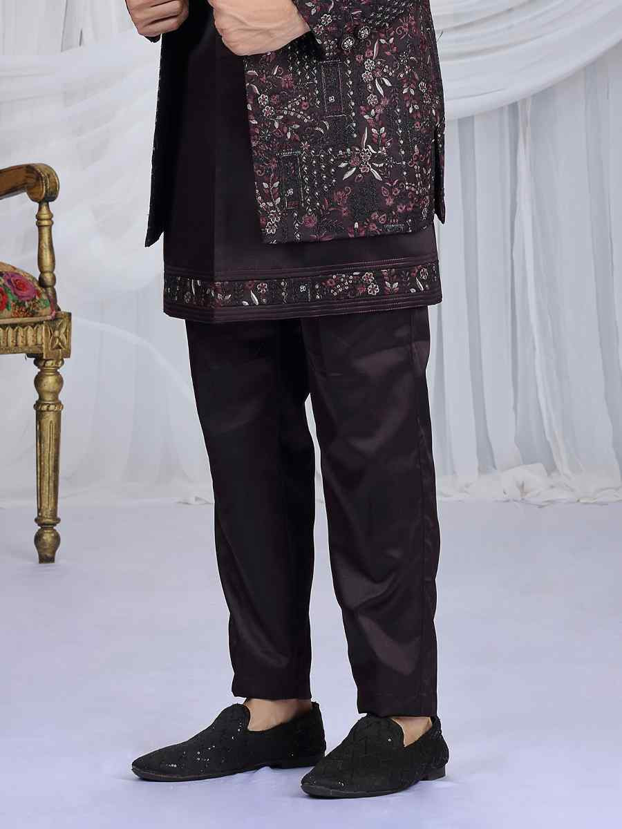 Wine Teal Green Art Silk Embroidered Festival Wedding Mens 3 PCS Indo Western Set