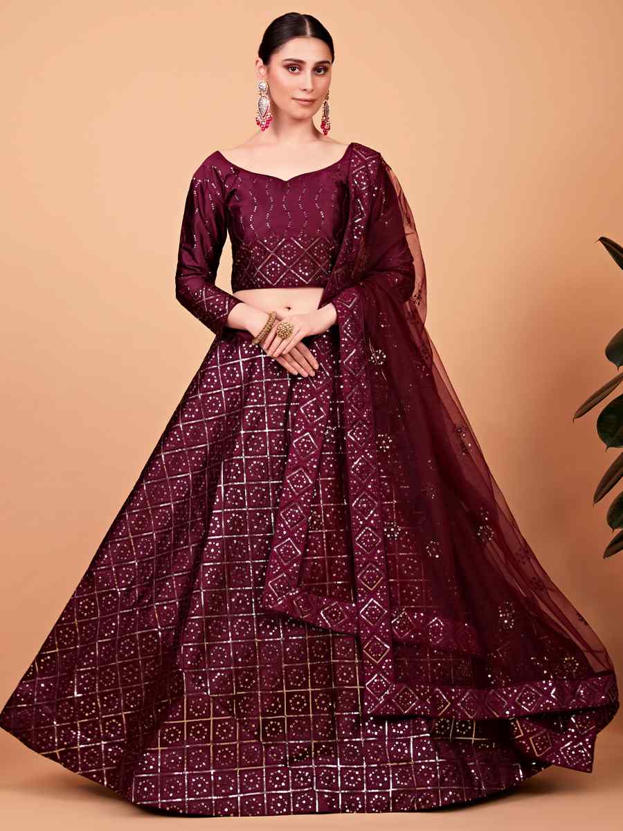 Wine Tebi Silk Embroidered Festival Wedding Circular Lehenga Choli