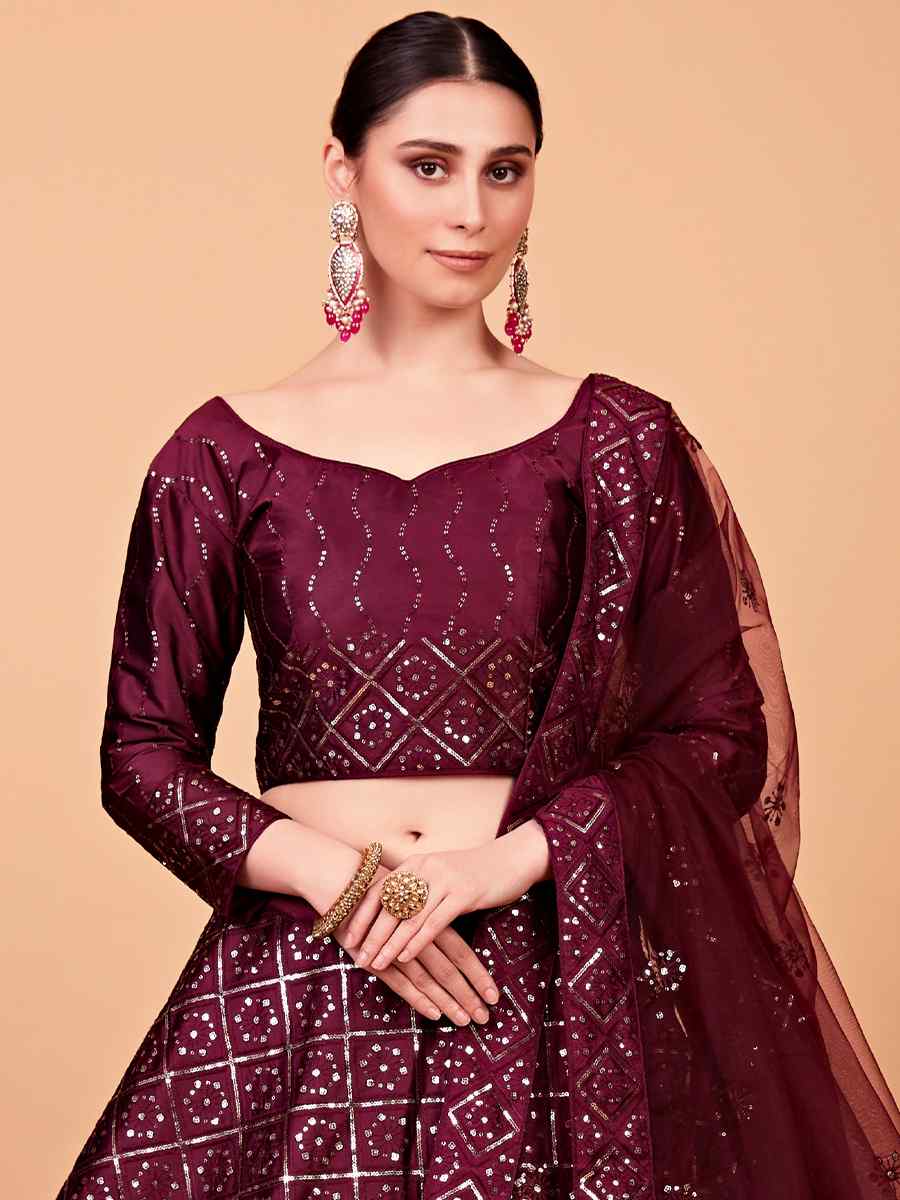 Wine Tebi Silk Embroidered Festival Wedding Circular Lehenga Choli