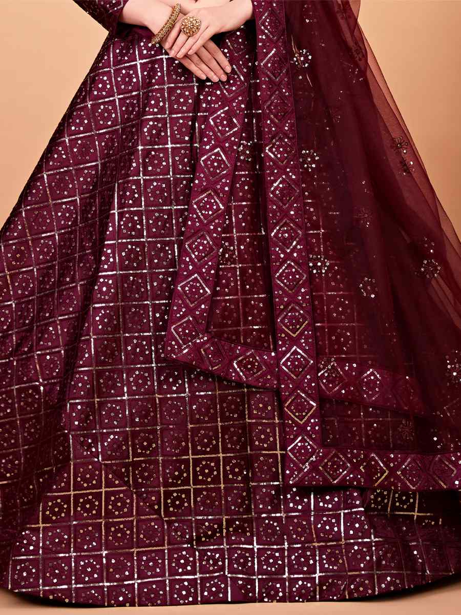 Wine Tebi Silk Embroidered Festival Wedding Circular Lehenga Choli