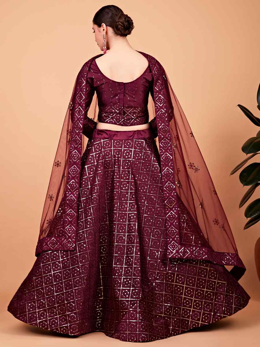 Wine Tebi Silk Embroidered Festival Wedding Circular Lehenga Choli