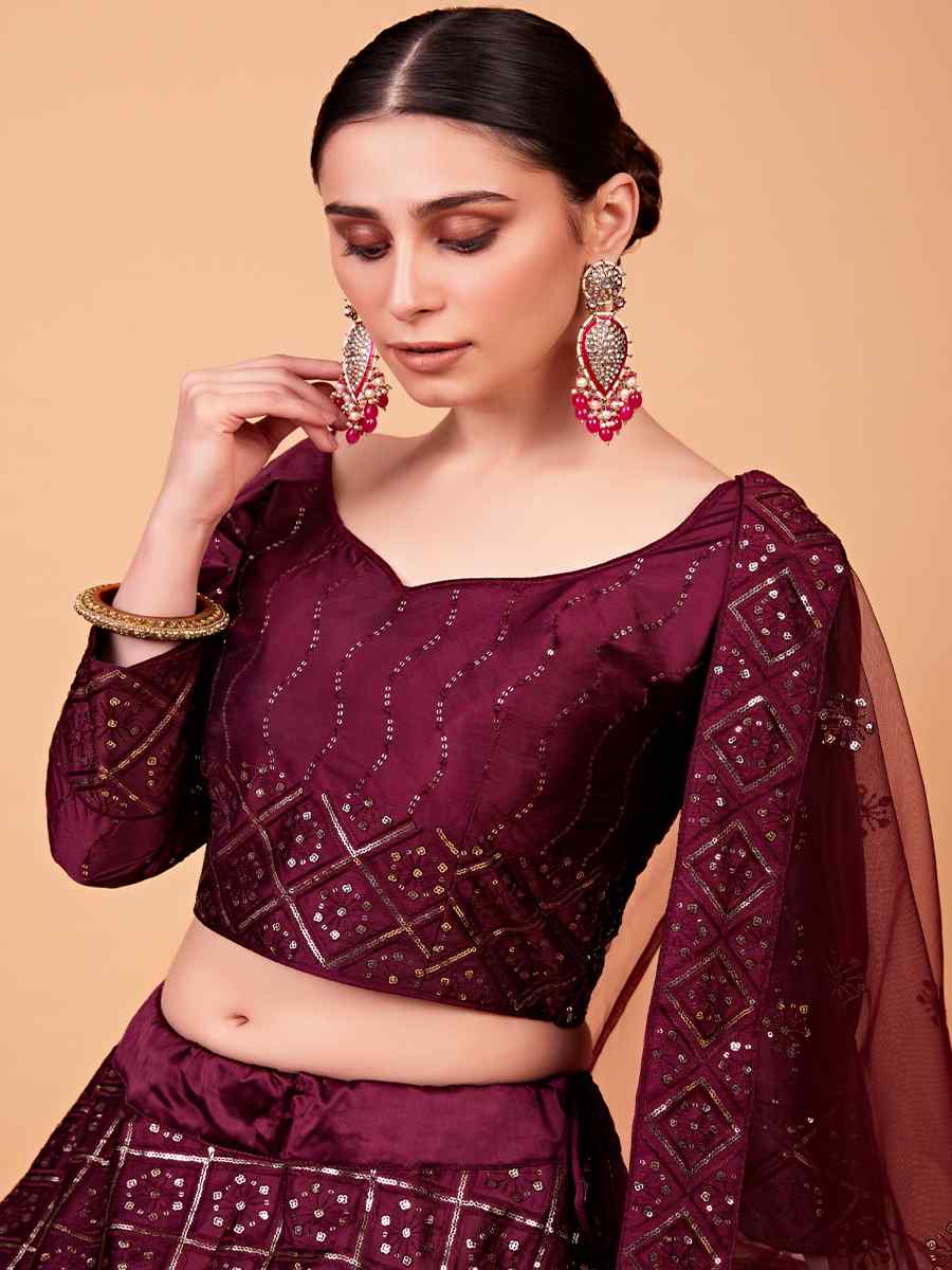 Wine Tebi Silk Embroidered Festival Wedding Circular Lehenga Choli